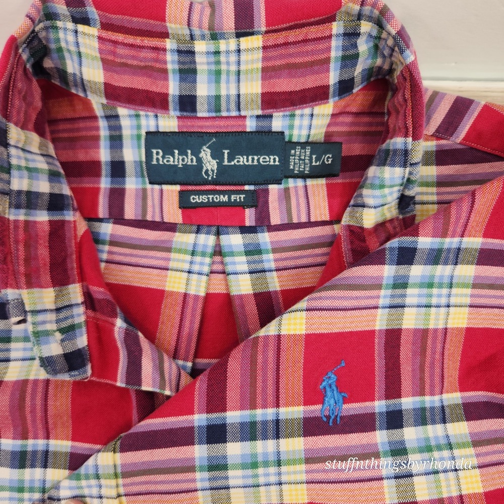 Ralph Lauren Shirt Mens L Red Blue Check 100% Cotton‎ Button Up Oxford OCBD